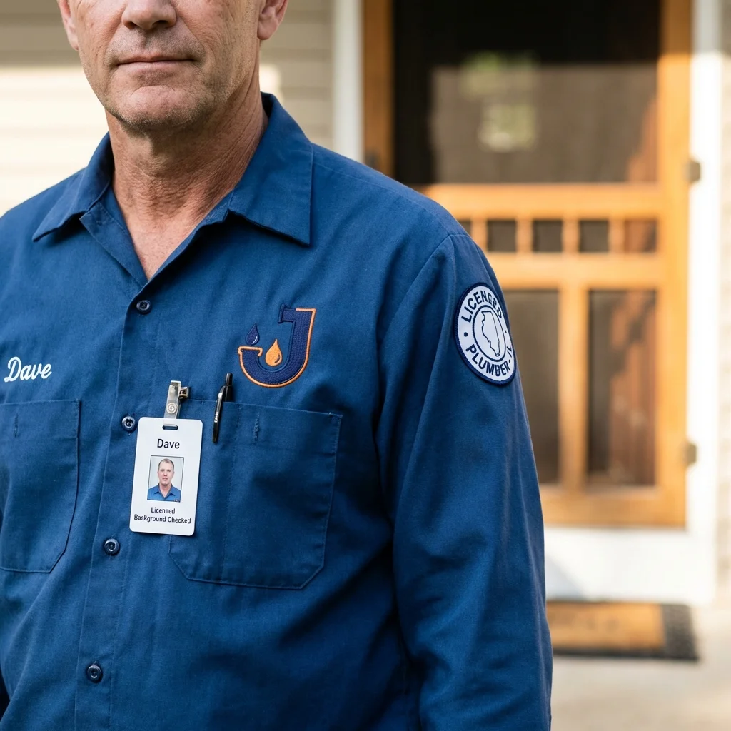 Licensed plumber showing ID badge in Woodstock, VT