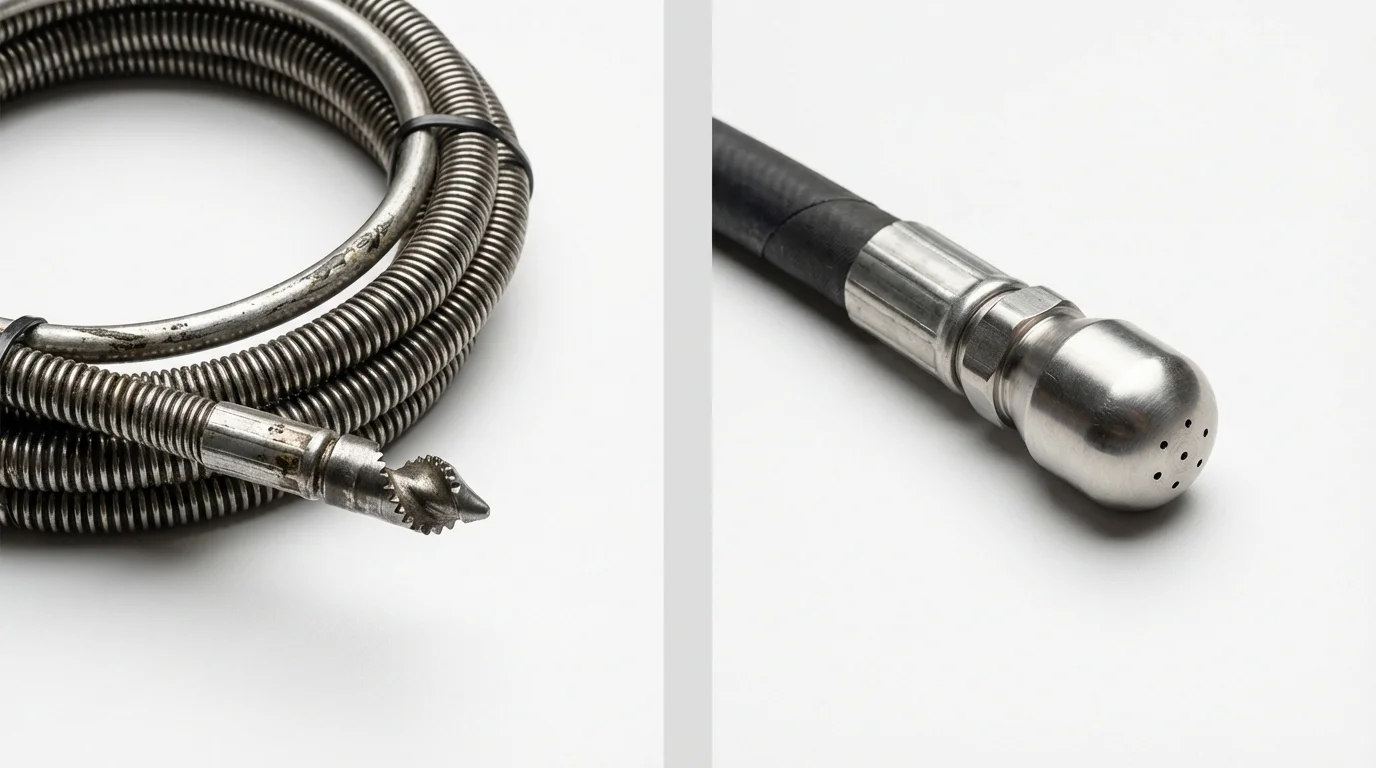 Drain snake cable and hydro jetting nozzle used for drain cleaning in Woodstock, VT