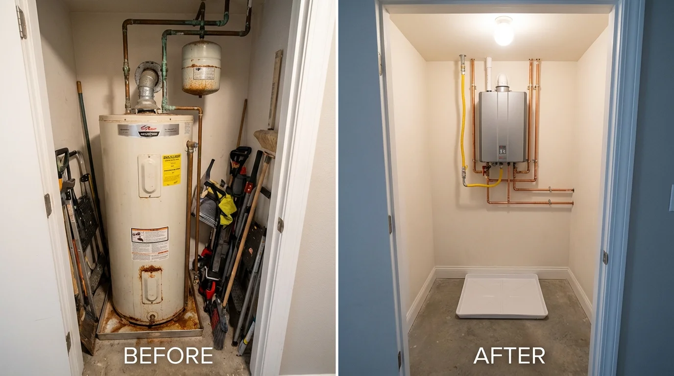 Tank water heater versus wall-mounted tankless unit comparison for Woodstock, VT homeowners