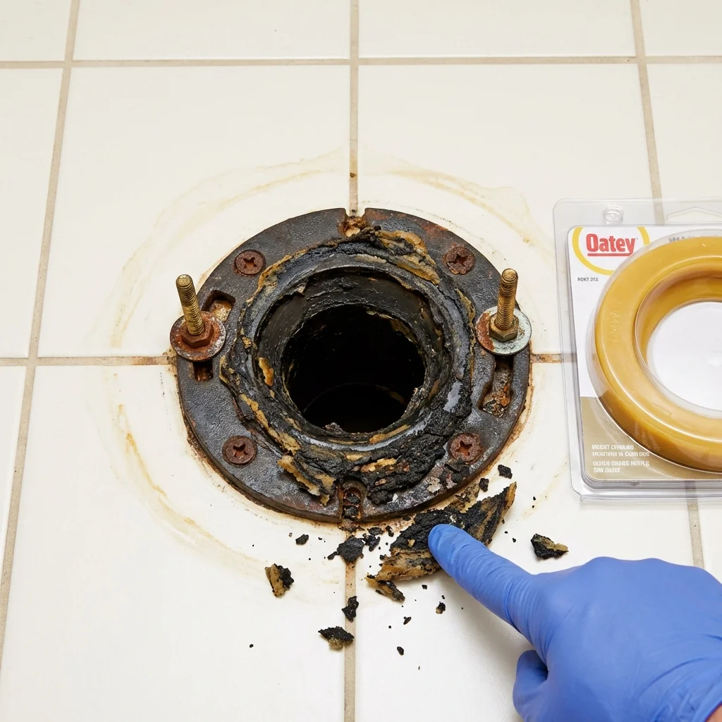 Failed wax ring showing water seepage at the base of a toilet in a Woodstock, VT home