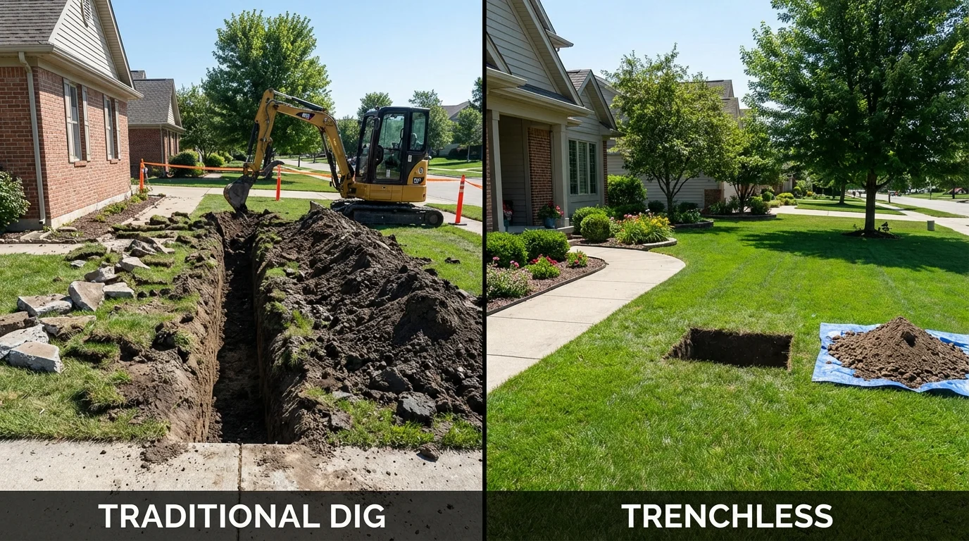 Trenchless sewer repair with minimal yard damage versus traditional excavation in Woodstock, VT
