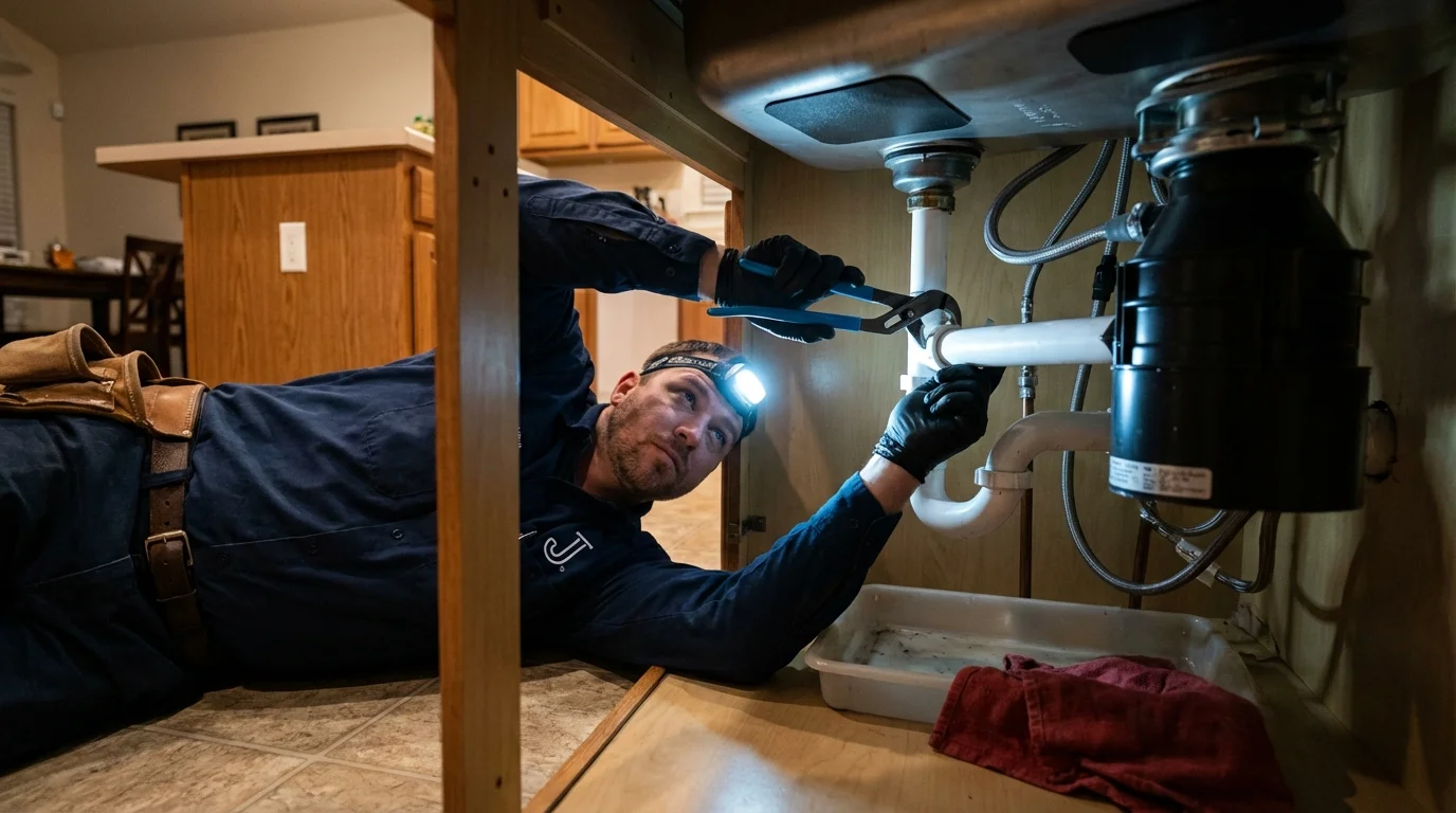 P-trap and supply line connections under a kitchen sink showing a common leak point in Woodstock, VT
